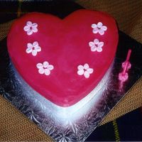 2Nd Birthday Cake Just a loveheart, covered with hot pink buttercream, and small marshmallows cut in half to create the flowers. Very very simple.