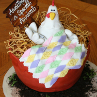 Mother Hen Waiting For Her New Arrival Mother hen nesting in a flower pot knitting a blanket awaiting her new arrival.