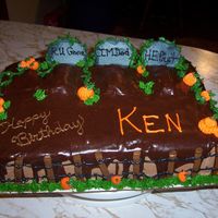 Halloween Cemetary Chocolate 1/4 sheet cake; chocolate buttercream frosting w/chocolate ready-to-serve frosting poured over top.