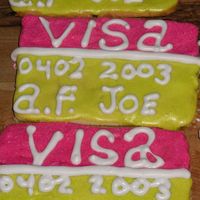 Credit Card Cookies nfsc with alices cookie icing the writing is done in Sweet Annie's Cookie Icing provided to me by mis lost my # 1 tip so the writing...