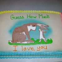 Baby Shower Cake Sheet cake made to match the parents' favorite childrens book which is the theme for the nursery. The bunnies are a FBCT and the edges...