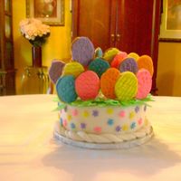 Easter Basket Cake This is a easter basket cake. I made the handle. but the handle broke apart. The cake is a yellow cake with strawberry filling. iced in BC...