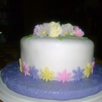 Wilton Gumpaste/fondant Class Final Cake This is a yellow cake with buttercream icing and MMF fondant. The flowers are gumpaste. the board is covered in mmf.