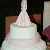 Mady's 15 Cake Yellow cake with "dulce leche flavor" covered in pink and white fondant.