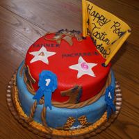 Boy/girl Bday Cake, Horse Themed Btm; yellow w/ vanilla bc. Top: choc w/ choc mint bc. Covered in MMF. Detail in MMF andgumpaste.