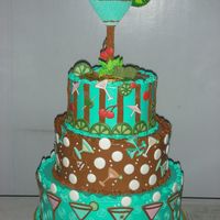 Martini Cake 3-tiered cake iced with boiled icing. The decors are all flow-in or run-out sugar. The martini glass topper is cut from styro then iced...