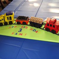Train Birthday Cake I used the Wilton 3D pan for the engine, and mini loaf pans for the rest. Iced with all buttercream icing, licorice tracks and edible cargo...