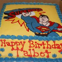 Superman! My sons 6th birthday. Superman is FBCT.Chocolate, chocolate cake with sugar cookie middle. Vey yummy.
