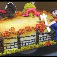 I'm Outa Here! Sheet cake iced and decorated with buttercream icing. Turkey is a cookie, haystack a cupcake and hatchet white chocolate, farmer is figure...