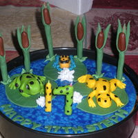 Tropical Frog Cheesecake 10" New York cheesecake w/strawberry & raspberry swirls. MMF frogs and decorations.