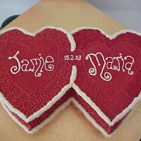 Two Hearts Joined I made this cake for a friends anniversary.I was pleased with the result.I cut out the hearts freehand,and made the design up as I went...