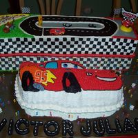 Mc Queen W Race Track The cake on the back it is a 12" square pan and I cut it in half. I made the race and the checkers out of fondant. I take the idea...