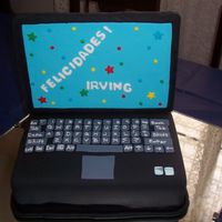 Lap Top Cake Cake made of 12 x 12 square pan cut in 12 X 10. The monitor is styrofoam covered in fondant. Everything is fondant.