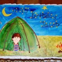 Camping Cake Topper` I call this a Cake Topper. It is literally a slab (12x8) of fondant that my friend placed on top of her cake. The painted scene was...