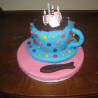 Cup Of Hot Chocolate Cake. Madiera cake covered in fondant and chocolate drops.