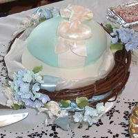 Someone's Nesting Shower Cake Used wilton 3d egg pan - covered with Satin Ice fondant tinted light light light blue - fondant bow - made it the night before -The nest is...
