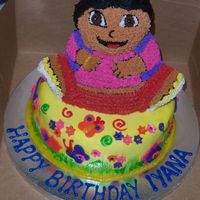 Dora The bottom is vanilla with raspberry BC filling. Dora is vanilla caramel pound cake. Vanilla BC with fondant accents. Just as I was getting...