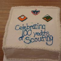 Cub Scout Cake #1 This was a cake for our Cub Scout pack meeting. I used color flow to do the scouting images.