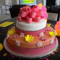 Fondant Birthday Cake - 1St Birthday Fondant cake with flowers and bows.