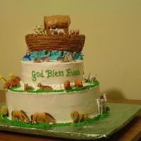 Noah's Ark Christening Cake, Noah's Ark theme.Ark made out of rice crispy, plastic toy animals