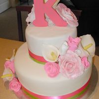 051509A.jpg 'K' monogram requested, as well as roses and callas to match bouquets. Dark chocolate fudge cake, chocolate buttercream,...