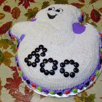 2008 Halloween Cake Contest Wilton Ghost Cake Pan. Marble cake with buttercream icing and M&M's for the boarder decorations and the BOO message.TFL
