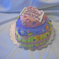 Girly Flower Birthday Cake My first paying customer cake! Flowers are made out of fondant, cake is covered in fondant with the stems and leaves made out of royal...