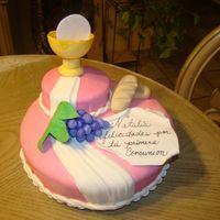 First Communion Did this cake for my niece, on her first communion. it was a beautiful experience. Its made with fondant, the bread, grapes and goblet are...