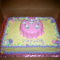 Tea Party This is a cake i did for a little girl's tea party. I used royal icing flowers,MMF for tabecloth. This was my first time using MMF....