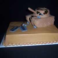 Tank 9 X 13 sheet with 6" square and 4" round for the tank. Bottom cake covered in CBC. Tank covered in fondant with camo detail...
