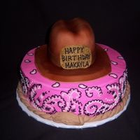 Pink Cowgirl 10" round covered in CBC with bandana print piped on. Hat is covered in fondant and airbrushed.