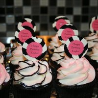 Pink Cupcakes Half outlined in black chocolate frosting and topped with pink edible glitter. Zebra print cake (chocolate and white cake).