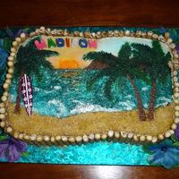 Surfer Girl Ocean Beach Palm Trees Surfboard I hand painted this cake with buttercream frosting (except the surfboard) and airbrushed sky and sun.