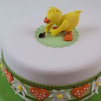 Easter Spring Duck Orange creamsicle cake with lemon curd/ buttercream filling. Fondant covered. Fondant ribbon with gold striped edges, gumpaste daisies,...