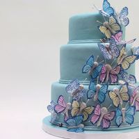 Blue Butterflies Dummy cake (not happy with the way the fondant dried), wafer paper butterflies (thanks Jen Dontz) with big fat RI bodies (too big, but it&#...