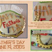 Handydad! 2005 Father's Day cake. Fondant wood planks and nails for lettering, fondant picket fence and tape measure. Wilton's tool candle...