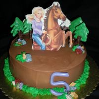 Ambers 5Th Bday 8" Choc cake with rasp filling. Iced in B/C. Choc mountains, trees and rocks. Edible image of "Barbie on a horse", backed...
