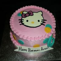 Aliyah's 6Th Bday 8" round iced in buttercream Choc flow "hello kitty". fondant cirlces, banner and number 6 for the bday girls age. TFL!