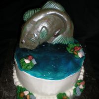 Fathers Day 2008 8" round german choc cake for my father in law. Covered in buttercream icing. Fish is about 1.5lbs of chocolate, piping gel water and...