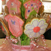 Girl Baby Shower Cookie Bouquet Onesies decorated and pots painted to go with butterfly theme for my friend's baby shower.