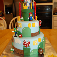 Super Mario Brothers Cake My 7 year old is crazy for video games! Mario and Luigi are plastic figures, and the rest is fondant. The tube is made of RKT.