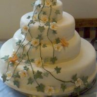 Orange Blossom And Ivy Cake a 5 tiered wedding cake with a waterfall of ivy, orange blossom and orange butterflys. ivory icing and ribbon.