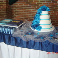 Danielle's Wedding Cake buttercream, articial flowers, 14-12-9-6, yellow and chocolate cake, groom's cake, ECU and Carolina house divided,...thanks for...