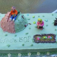 Brad's 50Th Cake for a carpenter who turned 50. Tools & figures made of fondant. Flowers are royal icing. Dirt was made of graham crackers with...