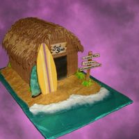 Side View Of Surfer Birthday Cake Side view. Chocolate cake, peanut butter mousse filling. Chocolate BC on surf shack, vanilla BC covered in crushed graham crackers for sand...