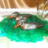 Wood Ducks gumpaste wood ducks on a logoon of piping gel with spaghetti and gumpaste cat tails--carrot cake w/ cream cheese icing