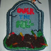 Over The Hill Tombstone Cake Cherry Chip cake as requested with cream cheese icing, crushed oreos for dirt and gummy worms