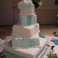Tower Of Presents (Back) Tiffany Blue and white stacked square tiers. Covered in Fondant
