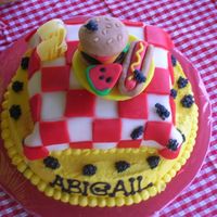 Picnic Cake For my daughter's second birthday, had a picnic in the park. Iced with buttercream, Tablecloth and food MMF, Ants are royal icing....