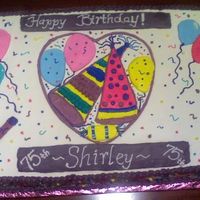 75Th Birthday Cake This was for a client whose mother was turning 75. Its a basic FULL sheet cake 1/2 choc and 1/2 Vanilla with dark choc. Ganache filling....